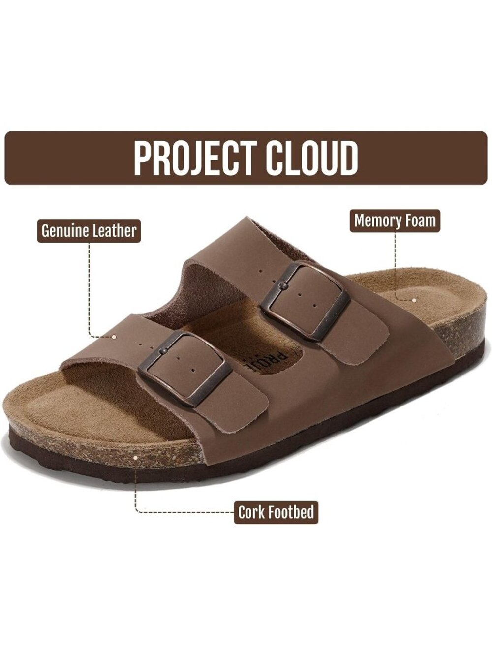 Women's Brown Leather Slide Cork Footbed Double Buckle Arch Support Sandals - Picture 3 of 6